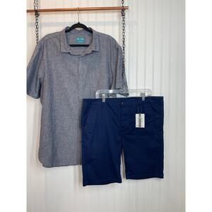 Tenth & Ocean ASOS Navy Washable Linen Shorts & Button Shirt & Bundle Size XXL
